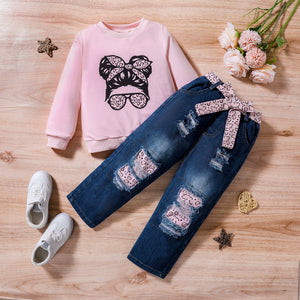 2pcs Toddler Girl Trendy Patchwork Ripped Denim Jeans and Figure Print Sweatshirt Set
