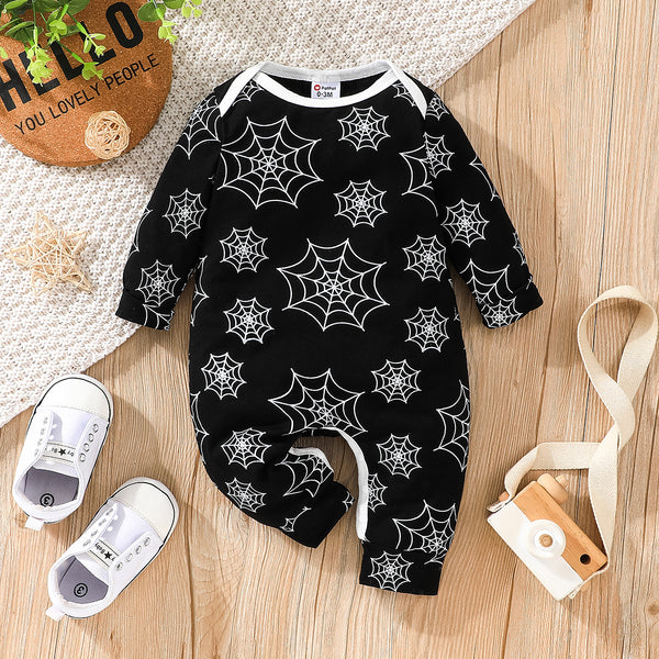 Baby Boy 95% Cotton Long-sleeve Allover Spider Web Print Jumpsuit