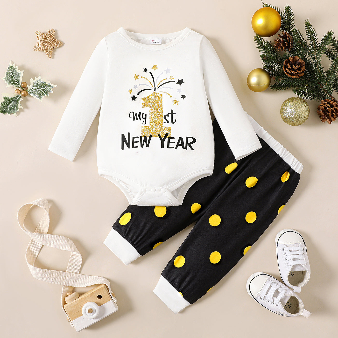 New Year 2pcs Baby Boy Letter Print Long-sleeve Romper and Polka Dot Pants Set