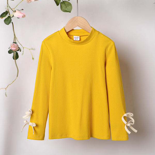 Kid Girl 3D Bowknot Design Mock Neck Solid Color Cotton Long sleeve Tee