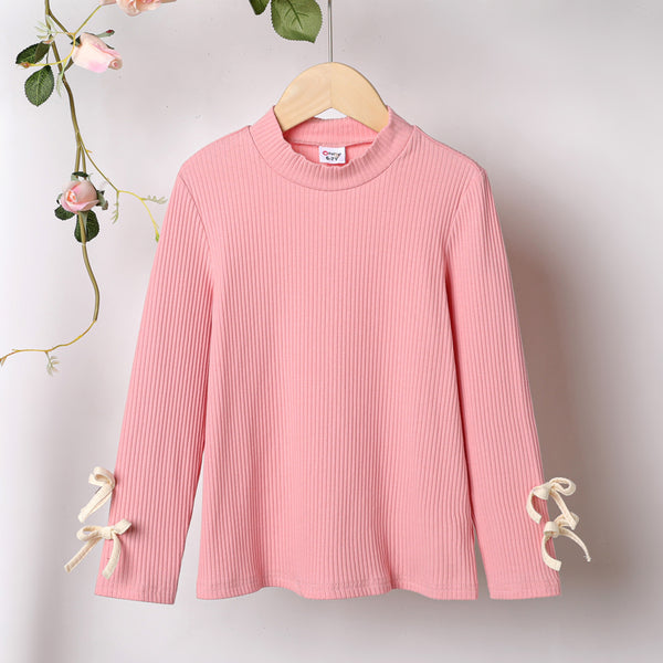 Kid Girl 3D Bowknot Design Mock Neck Solid Color Cotton Long sleeve Tee