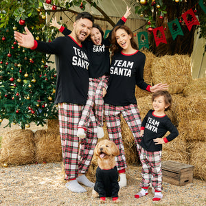 Christmas Family Matching Letter Print Black Long-sleeve Plaid Pajamas Sets Flame Resistant