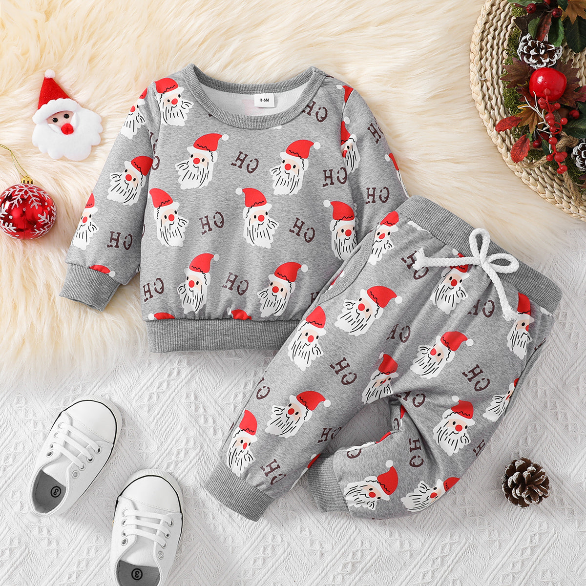 Christmas 2pcs Baby Boy Allover Santa & Letter Print Grey Long-sleeve Set