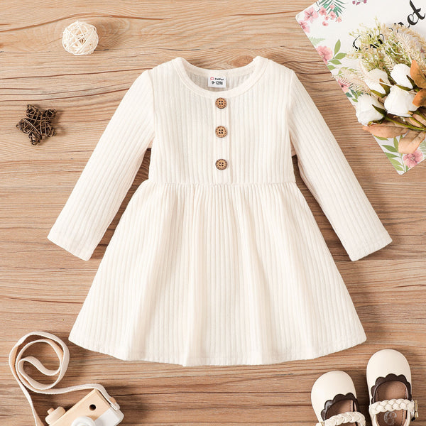 Baby Girl Button Front Solid Rib Knit Long sleeve Dress