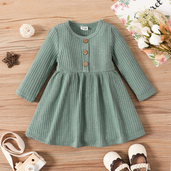 Baby Girl Button Front Solid Rib Knit Long sleeve Dress