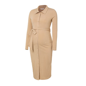 Nursing Ribbed Button Through Belted Long-sleeve Bodycon Dress