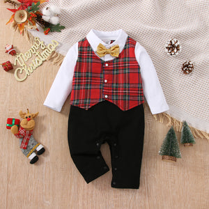 Christmas Baby Boy 95% Cotton Gentleman Bow Tie Red Plaid Long sleeve Faux two Jumpsuit Party Outfits