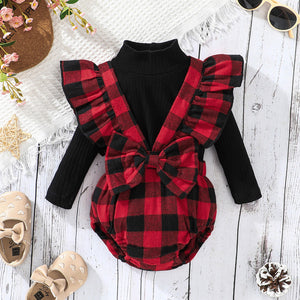 2pcs Baby Girl Solid Rib Knit Mock Neck Long-sleeve Top and Red Plaid Ruffle Bow Romper Set