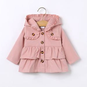 Baby Girl Pink Layered Ruffle Trim Hooded Long-sleeve Button Coat