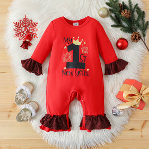 New Year Baby Girl Letter Print Ruffle Trim Long-sleeve Jumpsuit