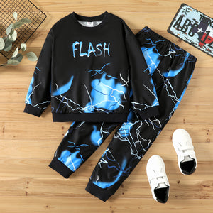 2pcs Kid Boy Letter Flash Print Pullover Sweatshirt and Elasticized Pants Set