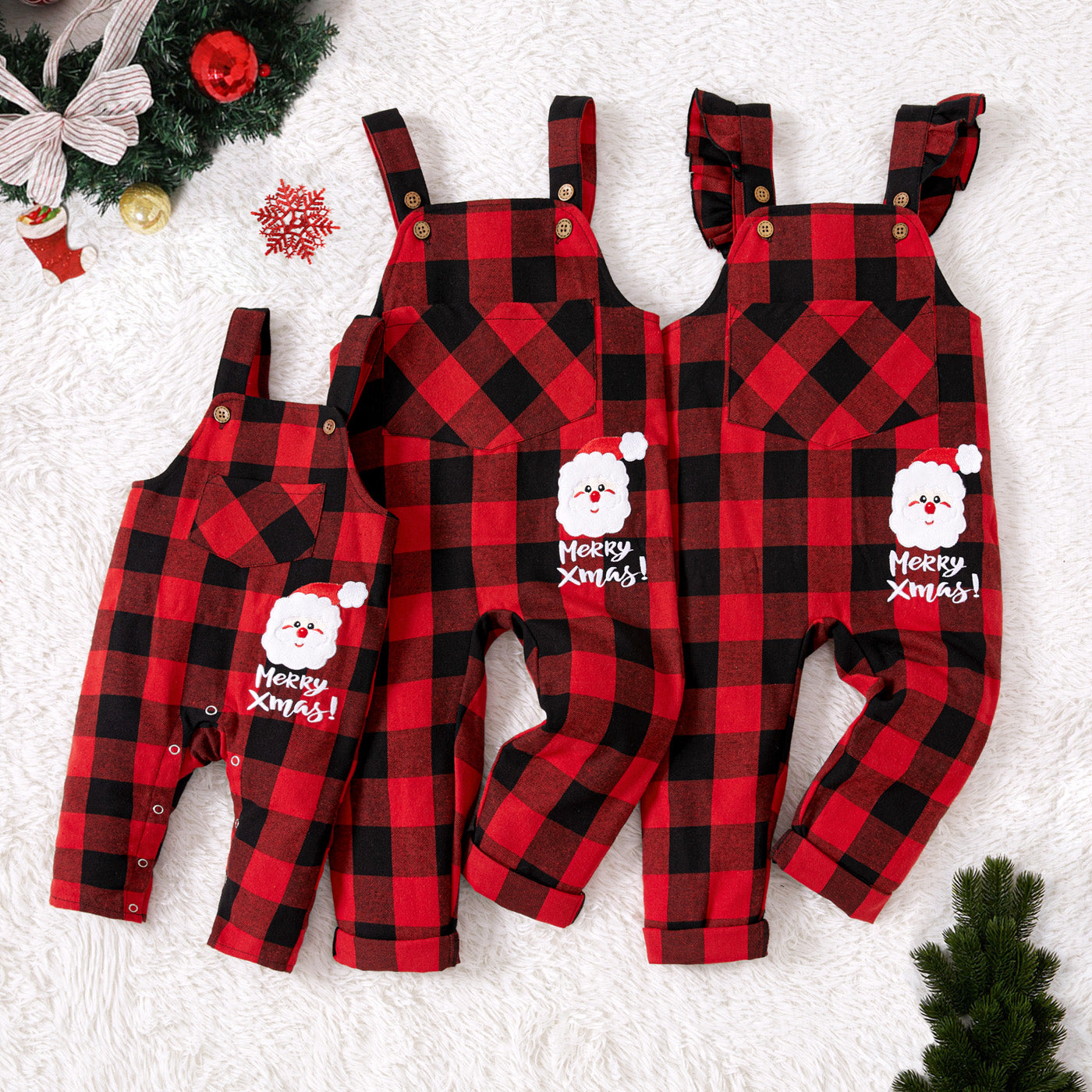 Christmas Sibling Matching Santa & Letter Print Red Plaid Overalls