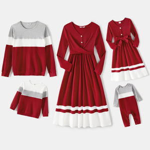Family Matching Burgundy Ribbed Crisscross Pleated Midi Dresses and Long sleeve Colorblock Tops Sets