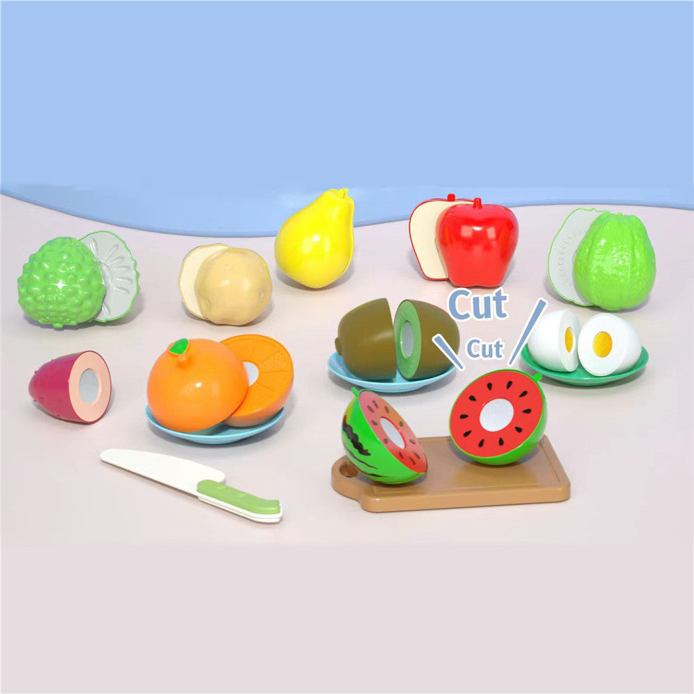 16Pcs BPA-free Plastic Cutting Play Food Toy Kids Cuttable Fruits Vegetables Set with Knives & Cutting Board & Plates (Knife Color Random)