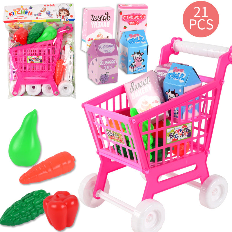 21Pcs Kids Shopping Cart Kit Supermarket Trolley Toys with Food Fruit Accessories Mini Shopping Pretend Play Toys (Random Accessories)