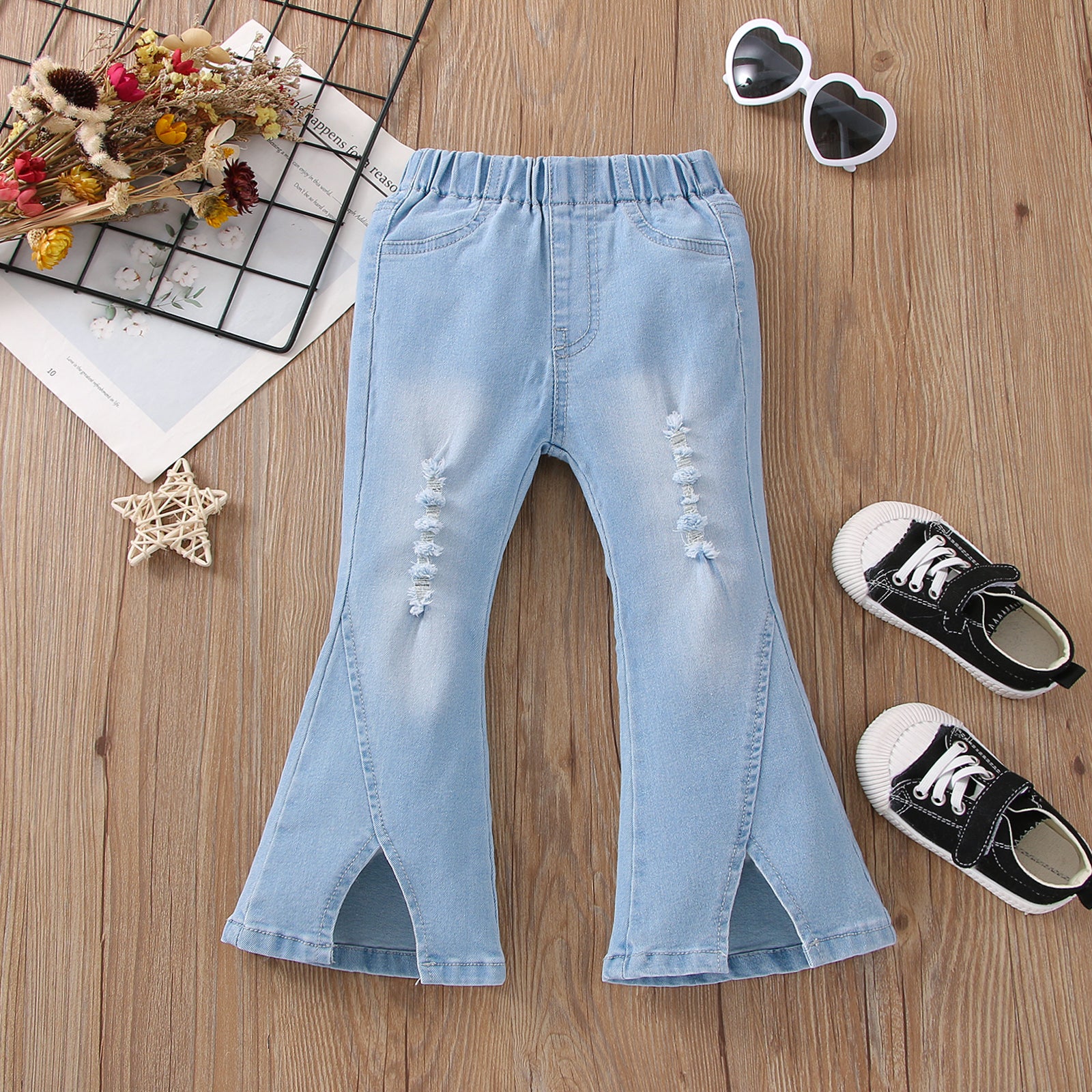 Toddler Girl Trendy Ripped Denim Slit Flared Jeans