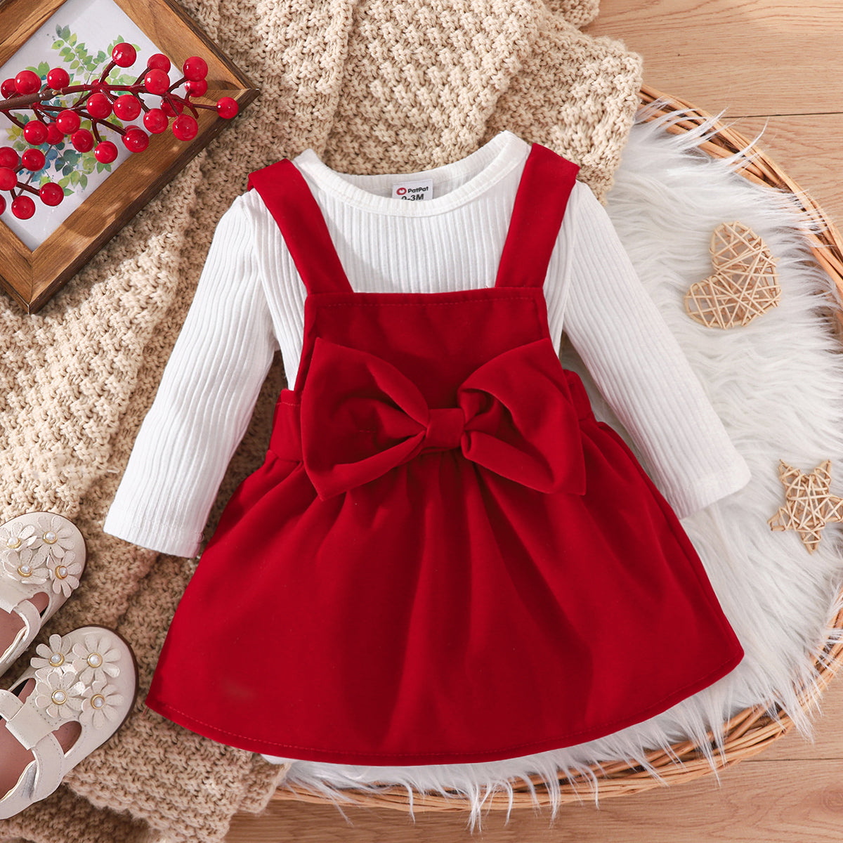 2pcs Baby Girl 95% Cotton Ribbed Long sleeve Romper and Red Bow Front Overall Dress Set