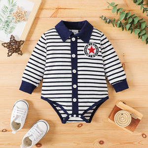 Baby Boy Embroidered Badge Detial Contrast Collar Striped Long-sleeve Romper
