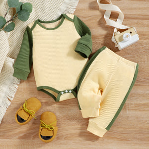 2pcs Baby Boy Cotton Ribbed Colorblock Long-sleeve Romper & Pants Set