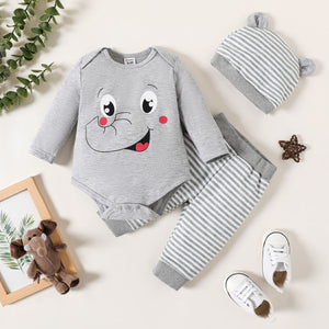 3pcs Baby Boy/Girl Elephant Print Long-sleeve Romper and Striped Pants with Hat Set