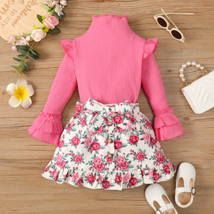 2pcs Toddler Girl Sweet Ribbed Turtleneck Tee and Floral Print Ruffle Corduroy Skirt Set