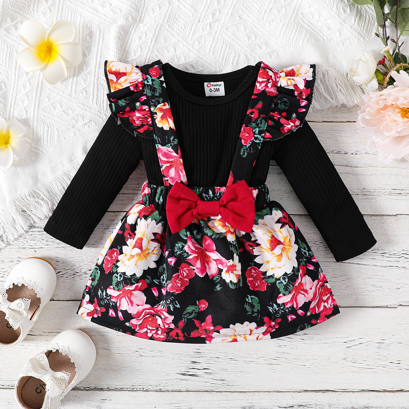 2pcs Baby Girl Black Ribbed Long sleeve Romper and Floral Print Ruffle Trim Suspender Skirt Set