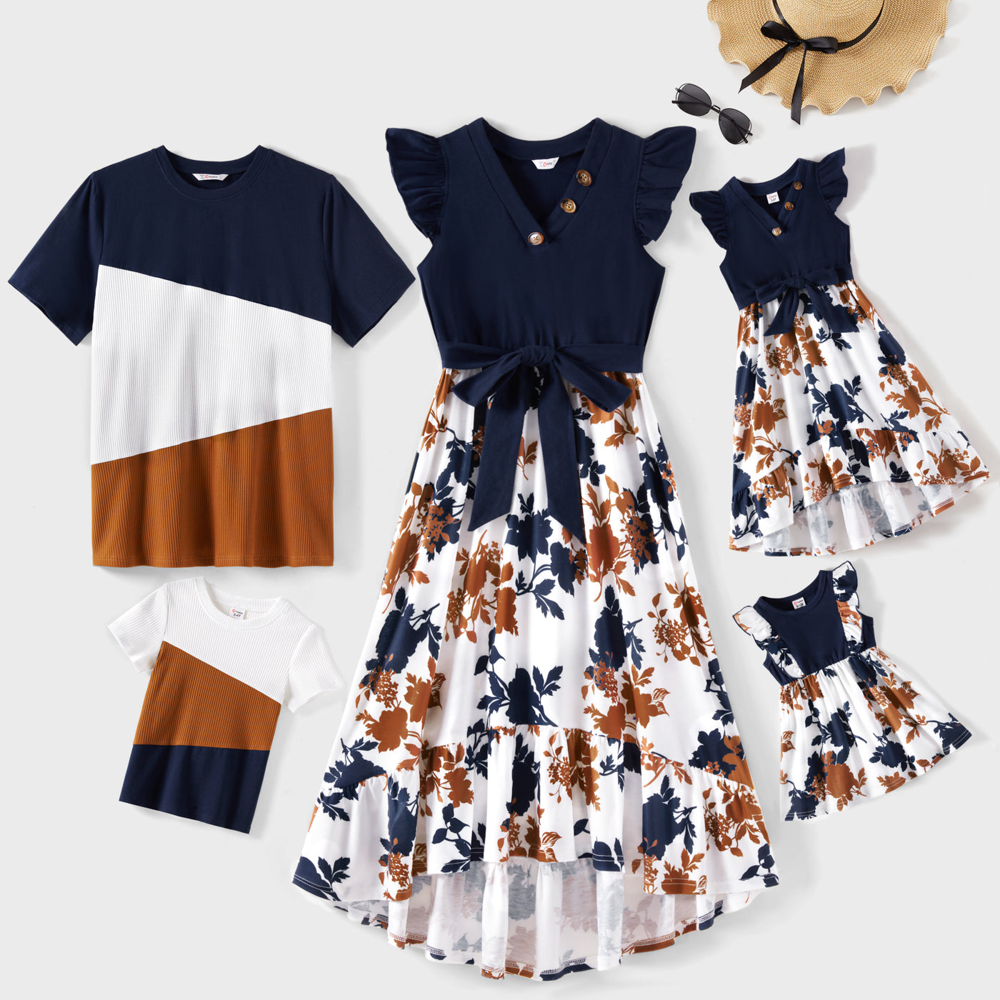 Family Matching Cotton Short-sleeve Colorblock Ribbed T-shirts and V Neck Flutter-sleeve Spliced Floral Print High Low Hem Dresses Sets