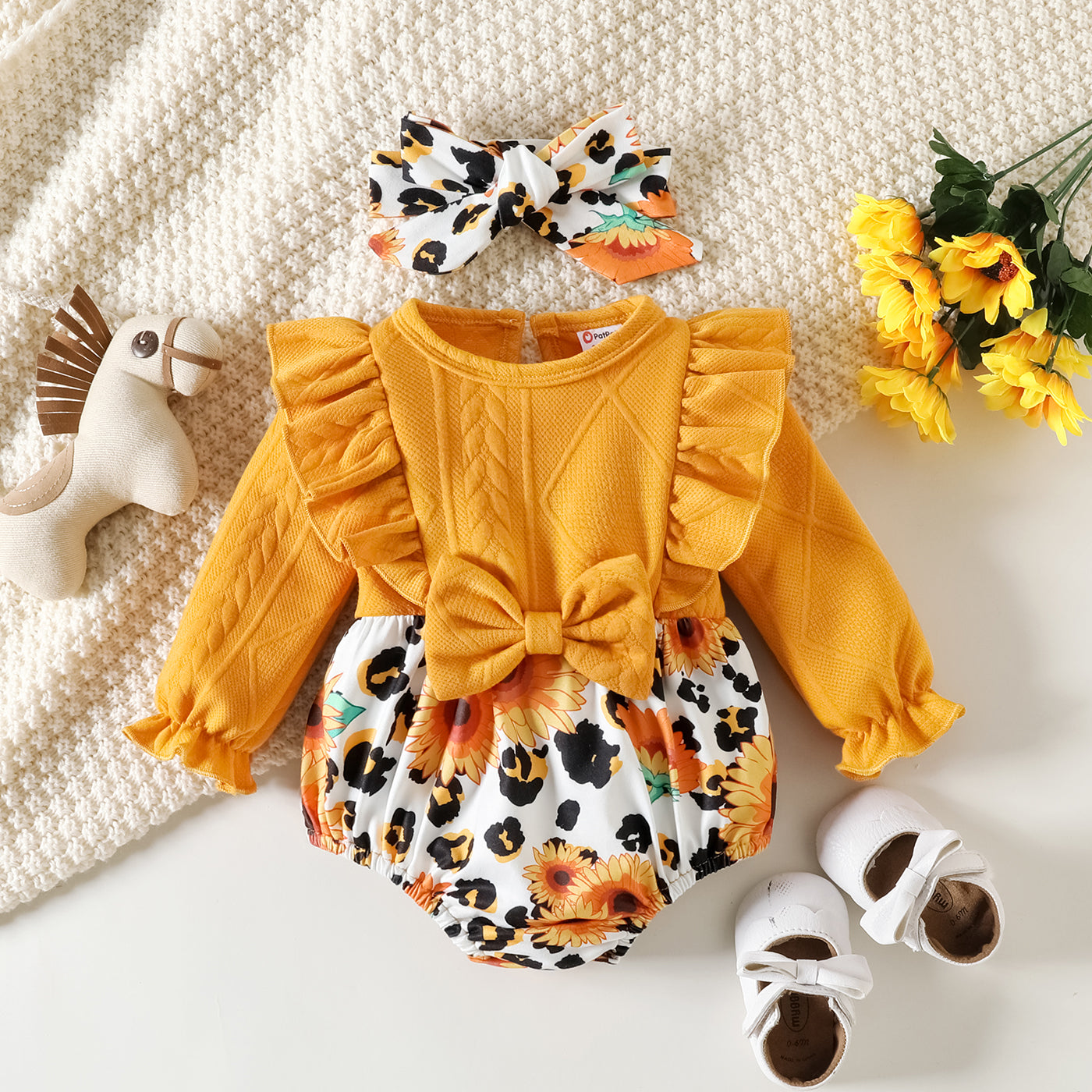 2pcs Baby Girl Sunflower & Leopard Print Spliced Solid Ruffle Trim Long-sleeve Romper and Headband Set