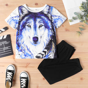 2pcs Kid Boy Animal Wolf Print Short-sleeve Tee and Elasticized Pants Set