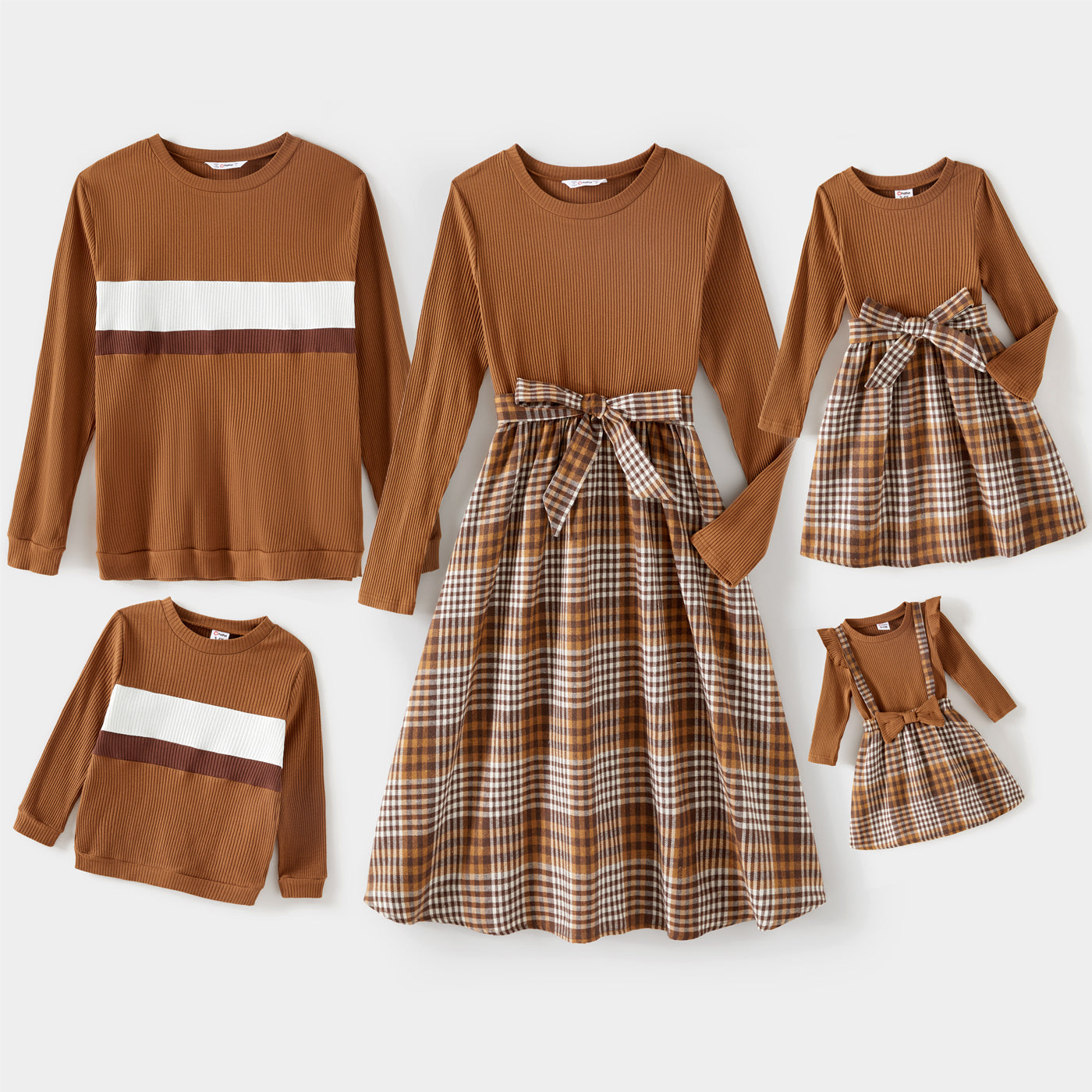 Family Matching Coffee Ribbed Spliced Plaid Belted Dresses and Long sleeve Colorblock Tops Set