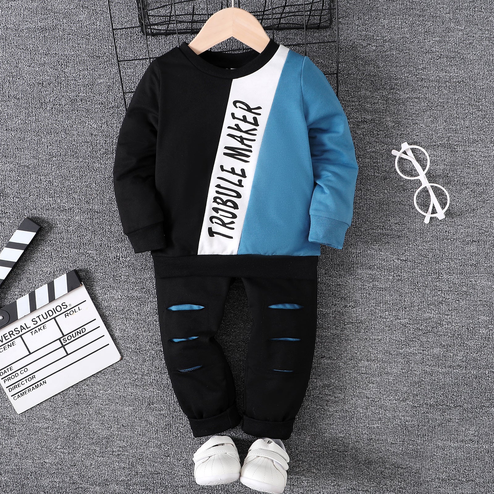 2pcs Toddler Boy Trendy Letter Print Colorblock Sweatshirt and Ripped Pants Set