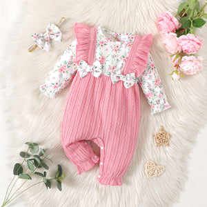 2pcs Baby Girl Long-sleeve Ruffle Trim Bow Front Floral Print Textured Spliced Jumpsuit & Headband Set