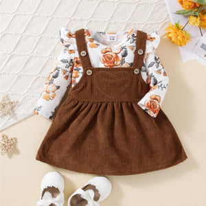 2pcs Baby Girl Allover Floral Print Ruffle Long-sleeve Romper and Corduroy Overall Dress Set