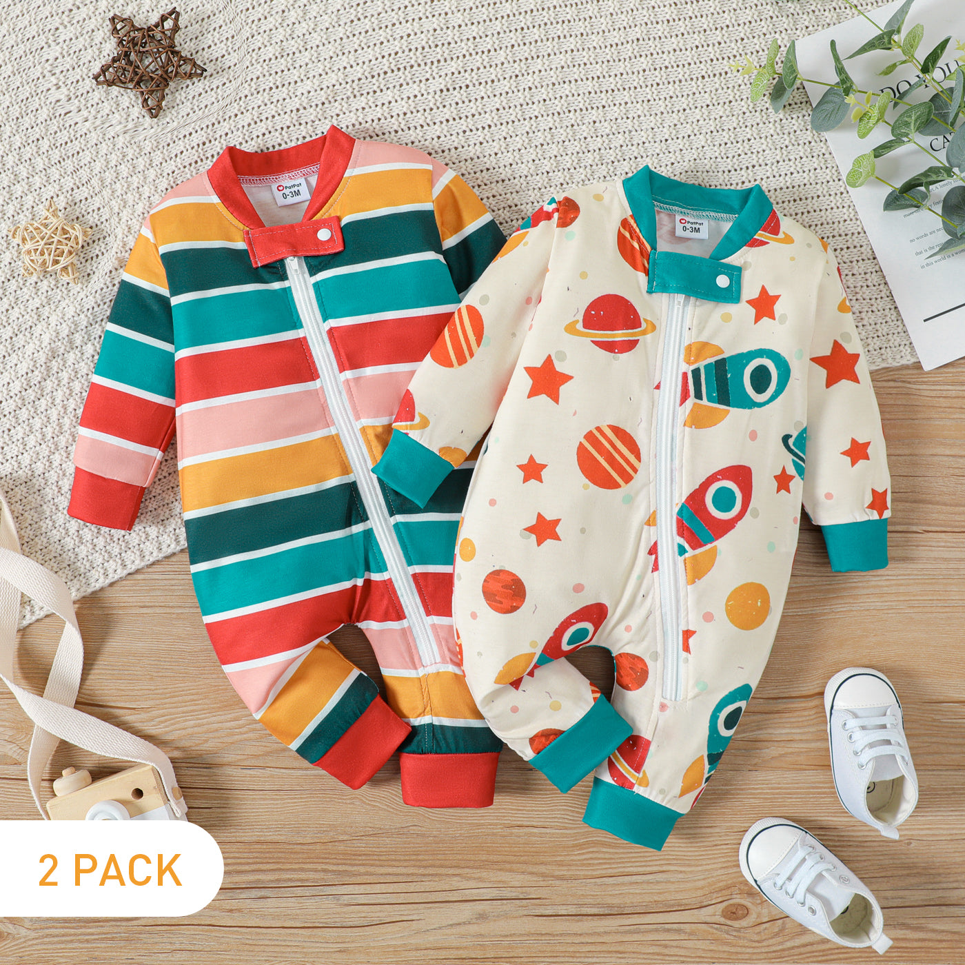 2-Pack Baby Boy/Girl Long-sleeve Zipper Graphic Jumpsuits Set