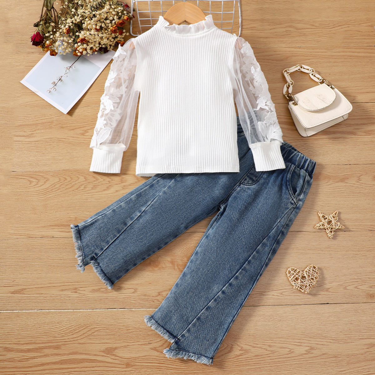 2pcs Toddler Girl Trendy Irregular Cuff Denim Jeans and Mesh Sleeve Tee Set