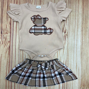 3pcs Baby Girl Cotton Ribbed Ruffle Short-sleeve Bear Embroidered Romper and Plaid Skirt & Headband Set