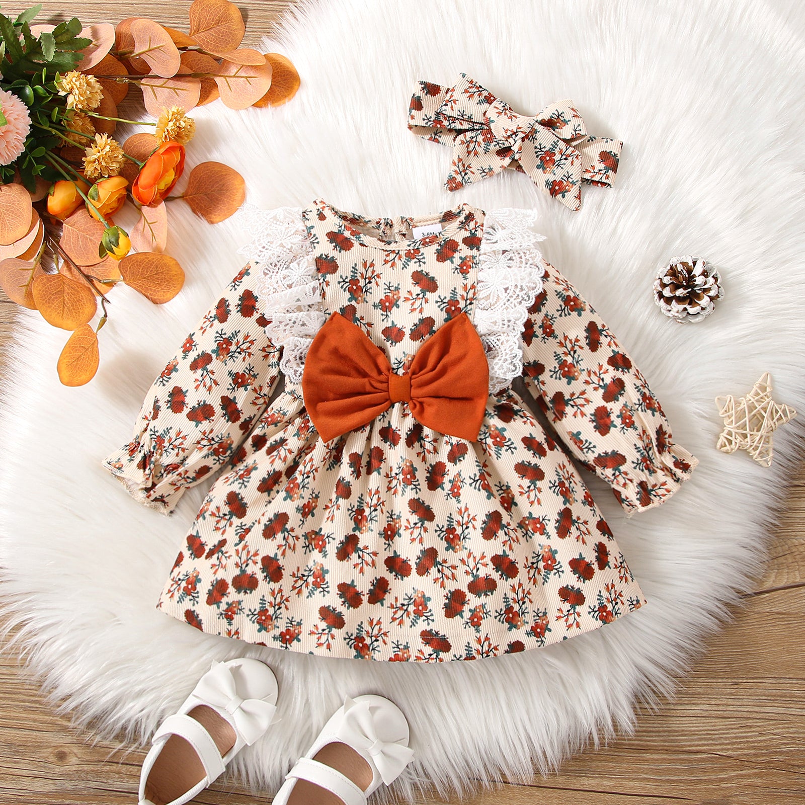 2pcs Baby Girl Ruffle Trim Bow Front Allover Floral Print Corduroy Long-sleeve Dress with Headband Set