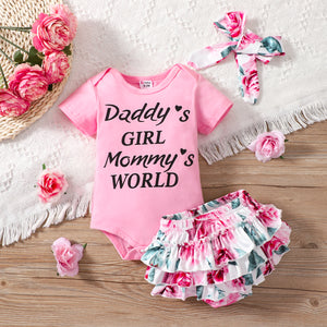 3pcs Baby Girl 95% Cotton Short-sleeve Letter Print Romper and Floral Print Layered Ruffle Trim Shorts & Headband Set
