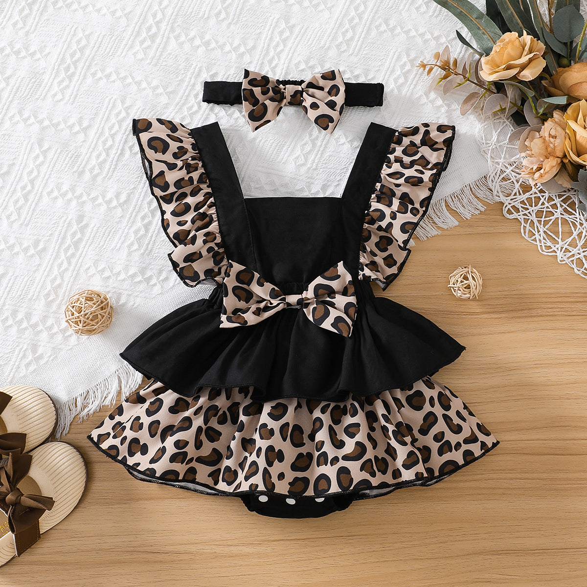 2pcs Baby Girl 95% Cotton Solid & Leopard Print Layered Ruffle Trim Sleeveless Romper and Headband Set