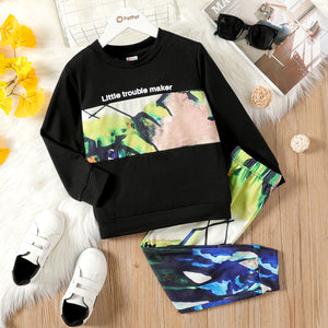 2pcs Kid Boy Painting Print Colorblock Sweatshirt and Elasticized Pants Set