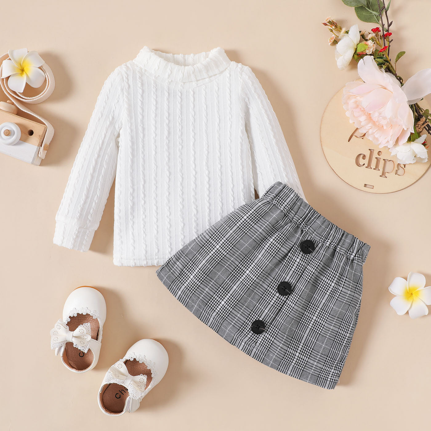 2pcs Baby Girl Solid Imitation Knitting Turtleneck Long-sleeve Top and Plaid Skirt Set