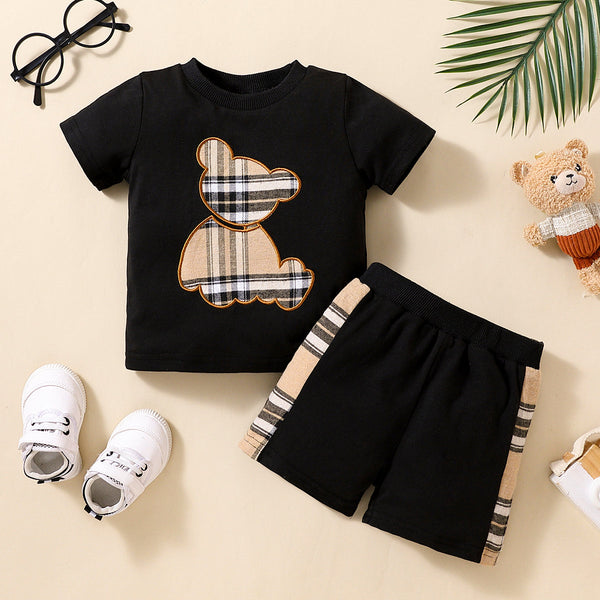 2pcs Baby Boy Plaid Bear Graphic Short-sleeve Tee & Shorts Set