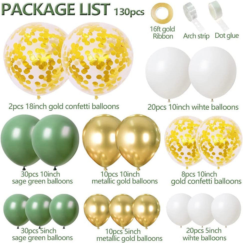 130Pcs Avocado Green Latex Balloon Garland Arch Kit Includes Metallic Gold White Balloons Gold Confetti Balloons