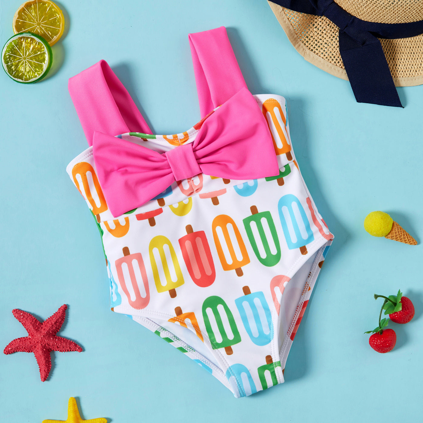 Baby Girl Allover Colorful Popsicle Print Bow Front One-piece Swimsuit