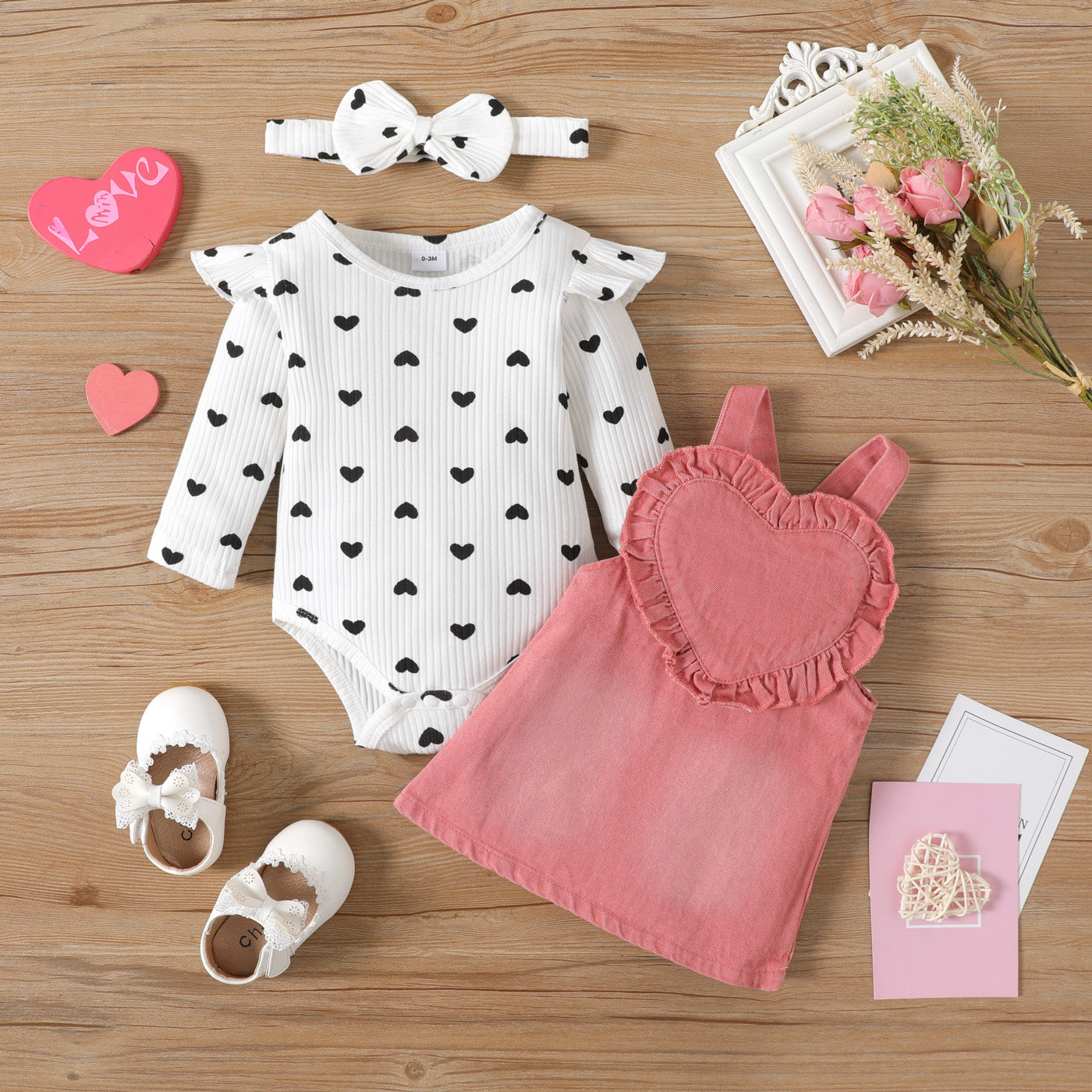 3pcs Baby Girl 100% Cotton Denim Overall Dress and Allover Heart Print Ribbed Ruffle Trim Long-sleeve Romper with Headband Set