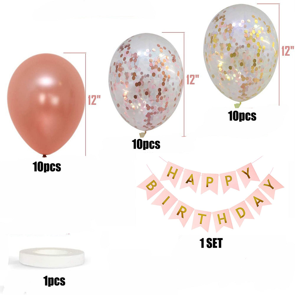32Pcs Birthday Decor Balloons Set Rose Gold Balloons & Confetti Latex Balloons & Happy Birthday Banner