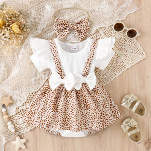 2pcs Baby Girl 95% Cotton Ribbed Ruffle Trim Bow Decor Leopard Print Spliced Short-sleeve Romper & Headband Set