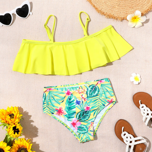 2Pcs Kid Girl Floral & Tropical Print Ruffle Two-Piece Swimsuit