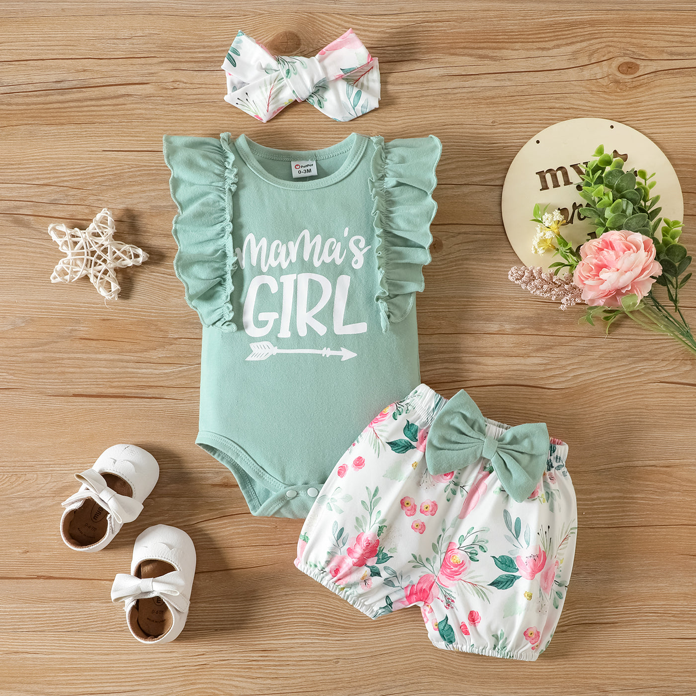 3pcs Baby Girl 95% Cotton Letter Graphic Ruffle Trim Tank Romper and Bow Decor Floral Print Shorts & Headband Set