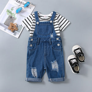 2pcs Baby Boy/Girl Short-sleeve Striped Tee and Ripped Denim Overalls Set